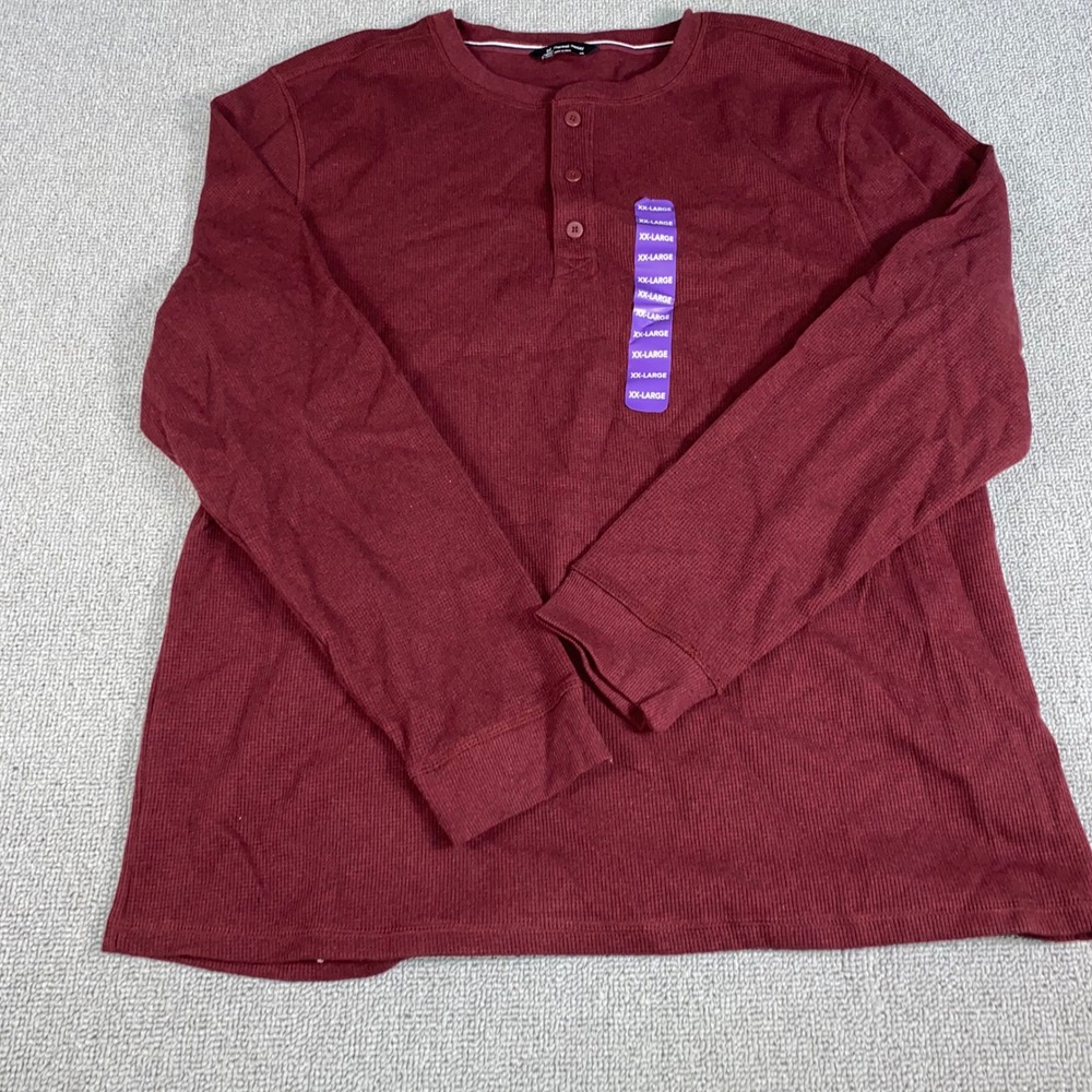 Member's Mark Thermal Henley Shirt Mens XXL Bordeaux Heather Long Sleeve Waffle